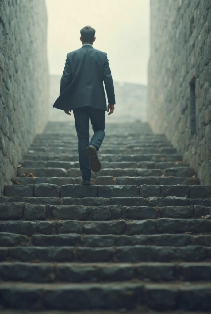 A determined man walking up a long flight of stairs, each step representing progress and discipline. The background is blurred, emphasizing his steady movement towards success.