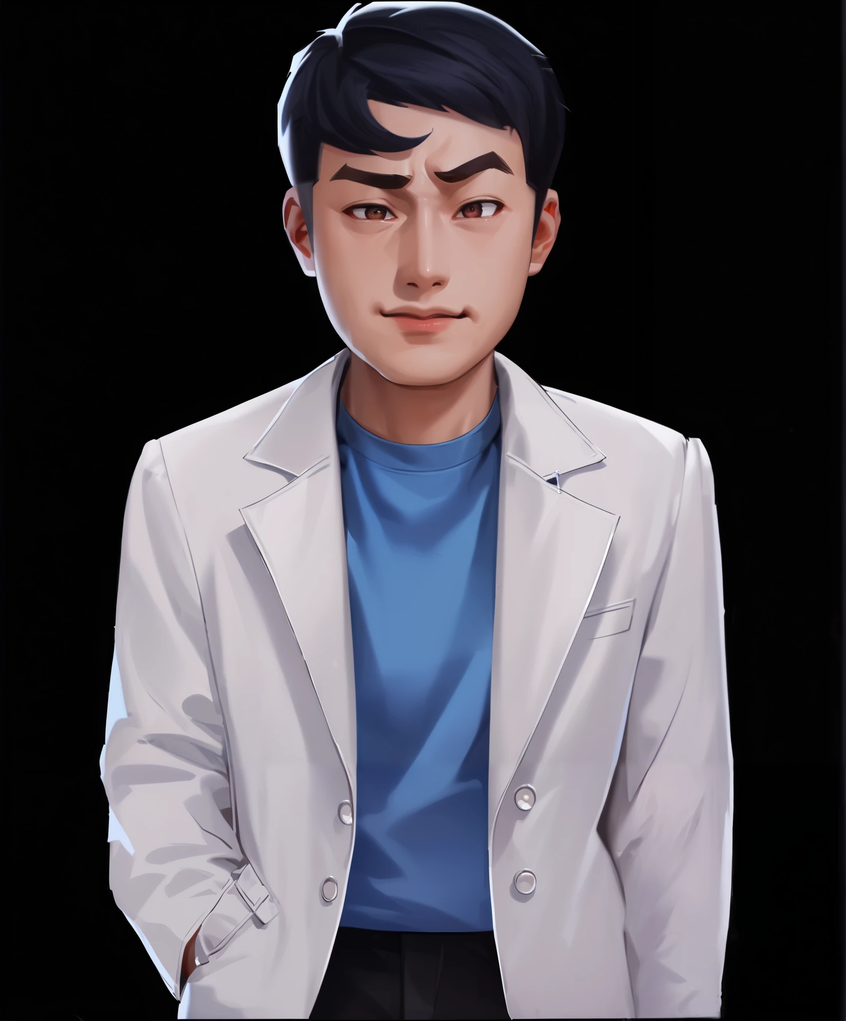 1 boy ,male focus,alone,alone focus, masterpiece,Score_9,Score_8_up,Score_7_up,Xu Zhisheng平面游戏人物原画,Chinese talk show actor,Xu ZhishengRaise eyebrows, Big Face,Square face,Small eyes.,2D game hand-drawn artistic effects,Game character setting, Xu Zhisheng, comedy talk show man,Raise eyebrows, Square face,Small eyes,Single eyelid,Xu Zhisheng,Game character setting ,Xu Zhisheng, comedy talk show man,,Single eyelid,Game character setting,,showman, Look at the Camera , short hair, exquisite facial lines, has bright eyes, vertical hem with both arms,Relaxed and confident;Wearing a suit jacket,collar、The zipper and other details are simple and neat,Wear light-colored clothing inside,background is pure gray,
Waiting to start