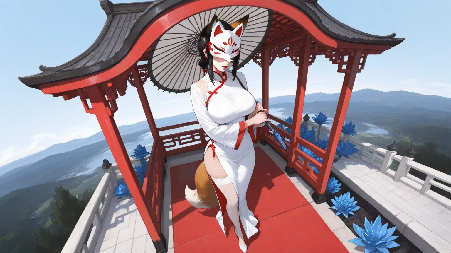 One Girl, Fox Girl, Nine-Tailed Fox,Fox Ears, Black colored hair, Fox Makeup, Kimono with open chest, Body size is 100-70-90!, Nice body, Avatar, face, Open chest, lewd face, Dominant representation, naughty face, Big Breasts, Emphasize cleavage,Show bare skin, Skin is visible, With legs apart, Show off your thighs, M-shaped legs, A beautifully patterned kimono,Red and black flowing water pattern kimono, I can see her cleavage, Muscular, Uplifting, Abdominal muscles, Exposed skin, Long Hair, Skin Texture, Soft breasts, Large Breasts, Standing in a grassy field, outside, Blue sky,Composition facing directly ahead, Grab your breasts with both hands, Fingers digging into breasts, Developmental atmosphere, god mysterious painting