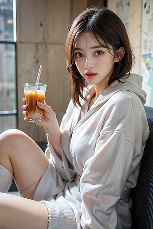 1 naked girl, very small breasts (firm and full), drinking_straw, full red hair, short curly hair, black eyebrows, black eyes, detailed eyes, solo, disposable_cup, bubble_tea, cup, drink, bubble_tea_challenge, photo_\(medium\), brown_eyes, looking_appearance, bob_cut, drink, full body view, nude, hat, brown leather backpack