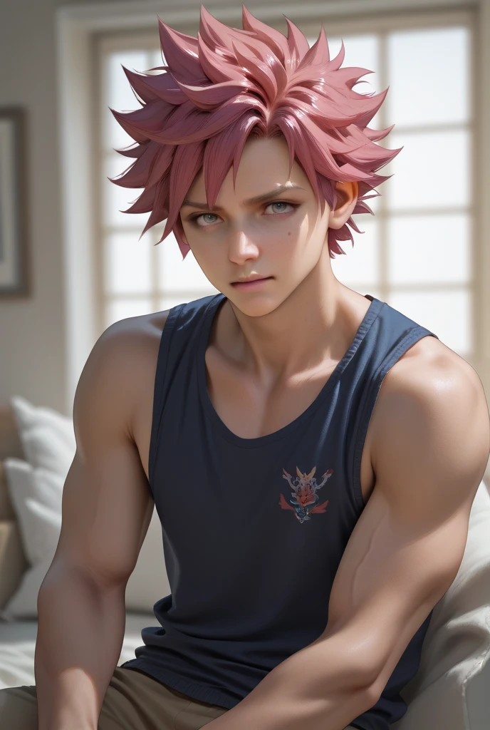 Young adult 20s age Natsu Dragneel flexing his fit muscular body in woods covered in sweat (((leaves carried in wind:1.2))) wide chest thin waist with symmetrical abasterpiece, physical based rendering, 3D, handsome youthful face, cg render, artstation :1.2)) completely, ((green leather jacket:1.2)) pink hair in a bed with ((flexing:1.2))