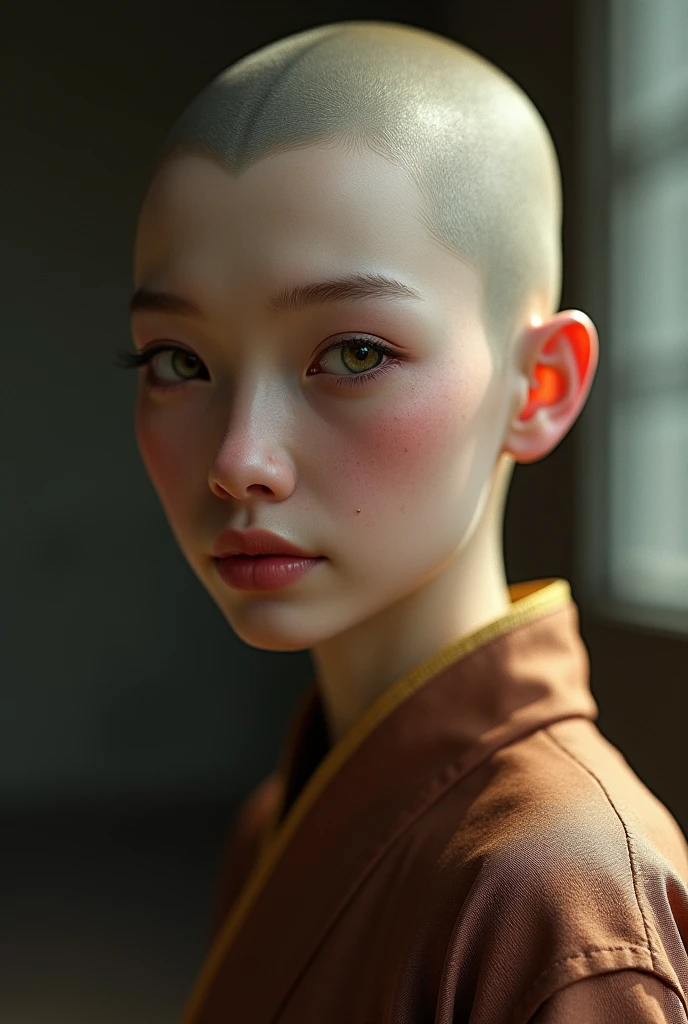 Monk with real skin and colour looking straight with dark background
