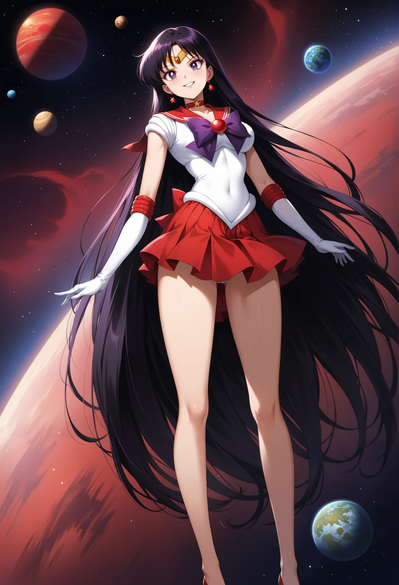 girl, medium close up shot, black tight armor, holding a big sword, very long dark hair, purple color sky, deserted planet landscape, sailor moon style, high quality, detailed image, masterpiece