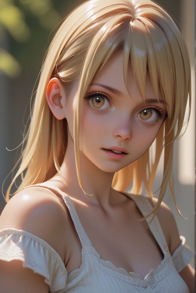 Simple White Background, white shirt,collarbone, cleavage, bare shoulders, armbands, blue eyes, blonde hair,bangs,Long_hair,hairband, (nipples), wet clothes, transparent clothes, see through clothes, 1 girl, 20 yo,female,Beautiful Finger,Beautiful long legs,Beautiful body, Beautiful Nose,Beautiful character design, perfect eyes, perfect face,expressive eyes,perfect balance, looking at viewer,(Focus on her face),closed mouth, official art,extremely detailed CG unity 8k wallpaper, perfect lighting,Colorful, Bright_Front_face_Lighting,White skin, (masterpiece:1.0),(best_quality:1.0), ultra high res,4K,ultra-detailed, photography, 8K, HDR, highres, absurdres:1.2, Kodak portra 400, film grain, blurry background, bokeh:1.2, lens flare, (vibrant_color:1.2),professional photograph, (Beautiful,large_Breasts:1.4), (beautiful_face:1.5),(narrow_waist),