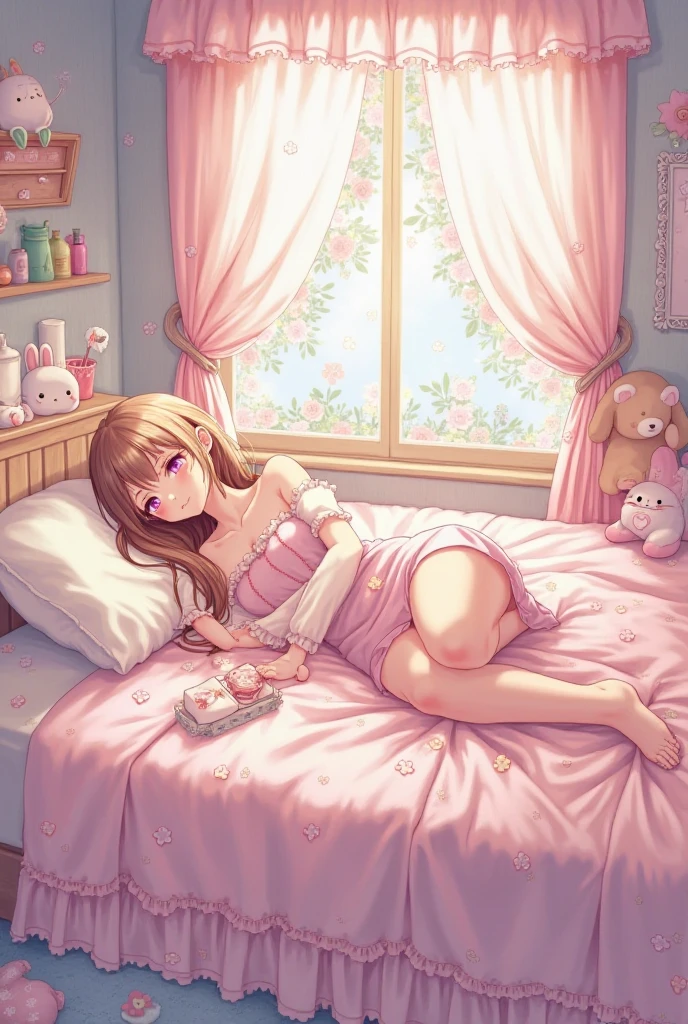 beautiful girl、、Pink Room、Girl&#39;s Room、Girly Fashion、Pleated skirt、Knee socks、Highest quality, smile,Sit with your legs apart、big 、Thick thighs、girly panties、Girly Bra、Sweaty buttocks、Sweaty crotch、Low - Angle、Cowboy Shot、big Breasts