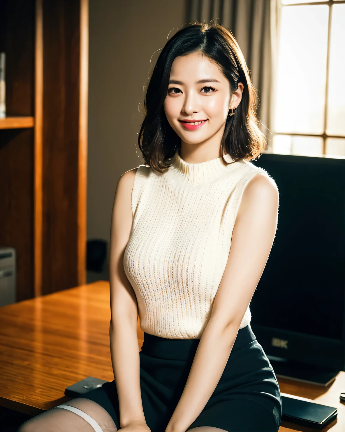 ((highest quality, 32k)), ((masterpiece)), (Familiar), Perfect Face, vixen, Pretty girl, Company Office, Has a tail, She has a northern fox tail., She stands up her fluffy tail, Dog collar, Beautiful hip line, Big Breasts, She wears a business suit, A big tail sticks out, smile, Climb on all fours, Nice body