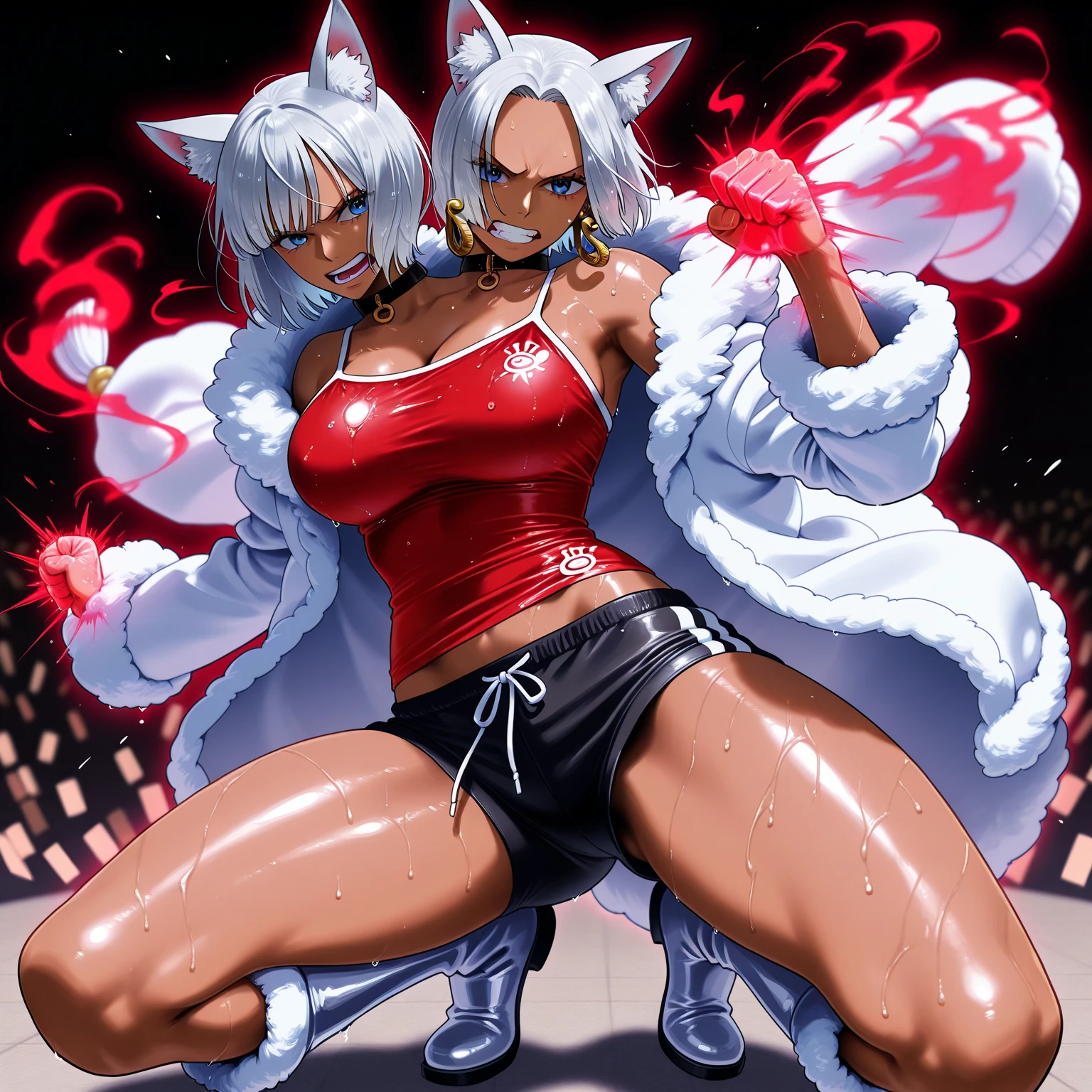1girl, highres, sharp focus, pixiv masterpiece, ((intricate details)), highly detailed, one eye, detailed eyes, brown skin, gray hair, cat ears, muscular, costume: sportswear, leggings, sports bra, joy ride style, ilya kuvshinov,Anime Moe Artstyle, female anime character, anime character, clothes in red and blue colors,