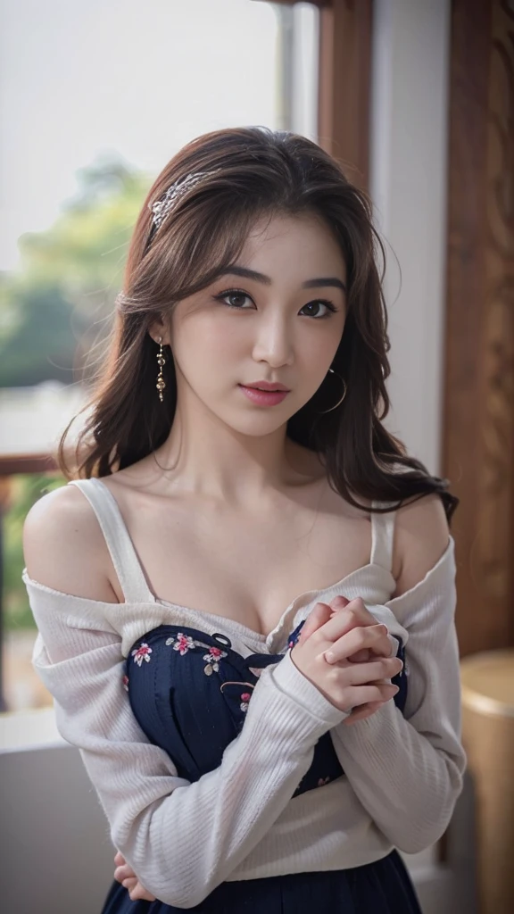 Highest image quality、Live shooting、ultra high resolution、21 year old Korean、small breasts、dynamic angle、cowboy shot、the most beautiful form chaos、elegant、brutalist design、vivid colors、beautiful white hair、short bob、smile、smile、shiny white skin、Beautiful eyes with random colors、Beautiful eyes in every detail、elongated eyes、thin lips、pale pink blush、long eyelashes、beautiful double eyelids、eye shadow、bright room、Big hoodie、hot pants、Taken from diagonally above、sexy pose, (lifelike, high - resolution:1.3), 1 girl with a perfect body, Super fine face and eyes,slong hair, Tank top of random colors:1.2, short jeans, big boob,Expose cleavage