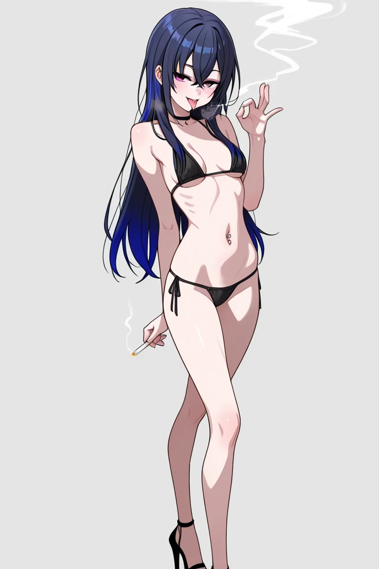 Anime girl, long black hair, body, short height, small breasts, arms up, belly button, playboy bunny pink bikini, both arms up, bunny wrist cuffs, thigh high stocking, slim body, skinny legs, smooth belly
