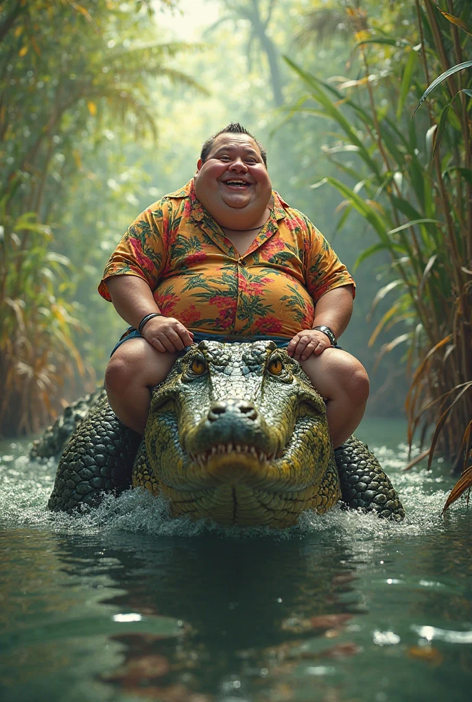 Create a fat bald man dancing with a crocodile