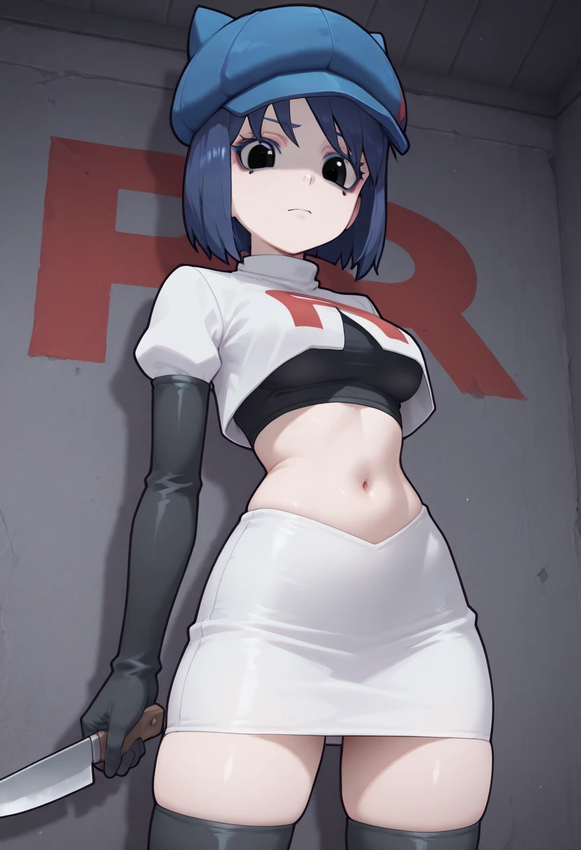 masterpiece,Highest quality,8k,High resolution,Anime Style,Anatomically correct,Team Rocket uniform,Short skirt,Black Patent Leather Gloves, Black patent leather long boots,No underwear,The subject is seen from slightly below,Squatting and spreading legs, Open your vagina and show me