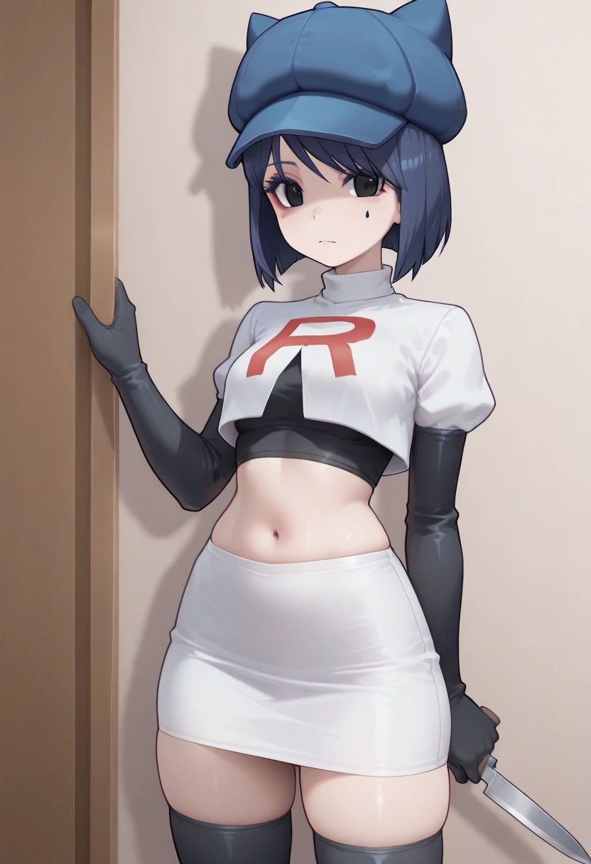 masterpiece, best quality,azazel with halo and blue eyes and black hair,team rocket,team rocket uniform,white skirt,red letter R,crop top,black thigh-highs,black elbow gloves, comic strip