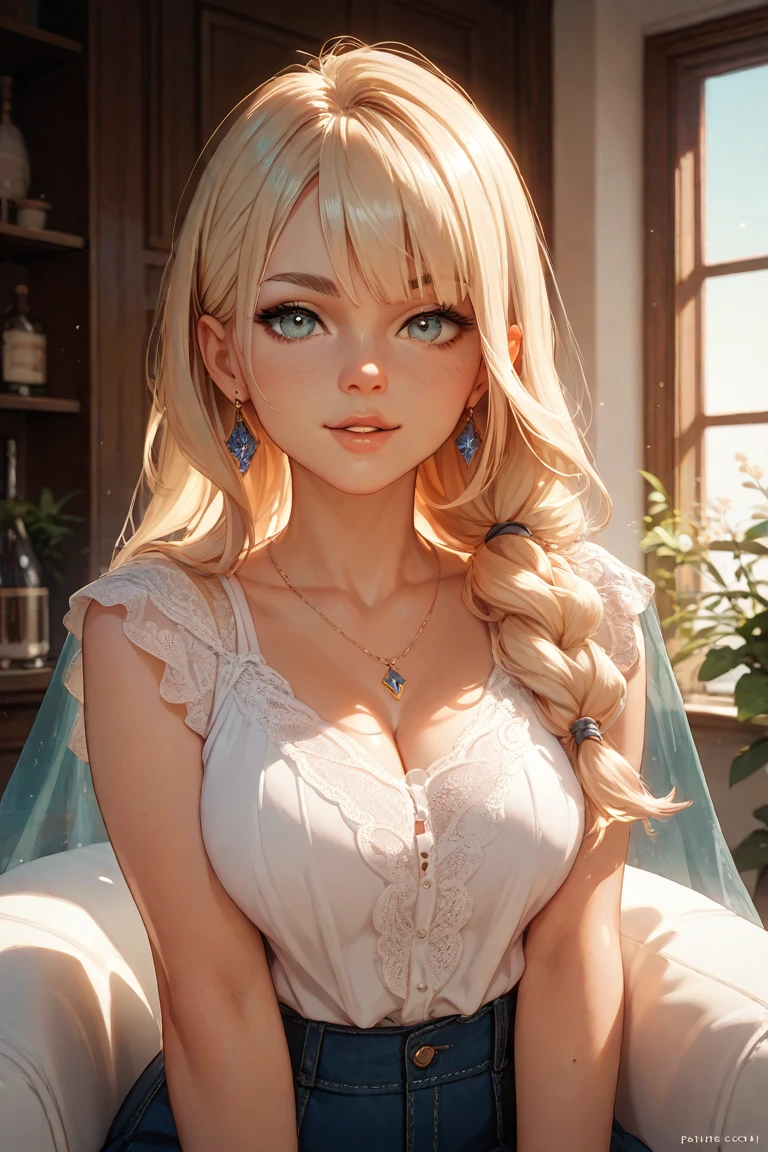 Beautiful white and shining skin、Blonde hair changes color depending on how the light hits it.、Long bangs obstruct the view、Highlights of cheek luster、Sexy, very beautiful, adorable, cute, gorgeous face、The most beautiful face in the world、Super long and gorgeous blonde hair、Smooth straight hair、big, light blue eyes shimmering、Beautiful Bangs、Beautiful and cute 16 year old girl、small breasts, cleavage, from side, Off-the-shoulder clothing、background:GB, ruins