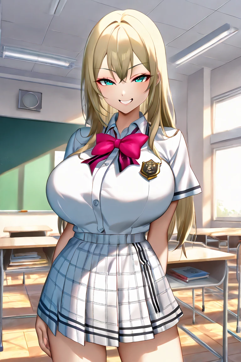 <lora:Onoura_Rikka_lora:0.8>, green_eyes, long_hair, blonde_hair, hair_bow, large breasts,
best quality, (8k), (4k),(Masterpiece), (Best Quality), extremely detailed, intricate, hyper detailed, (perfect face), illustration, perfect_eyes,
(1girl), bishoujo, (portrait:1.3), indoors, student, classroom,
(school uniform), black pantyhose, (pleated_skirt),
(standing), (smile:0.7), closed mouth, looking at viewer,
