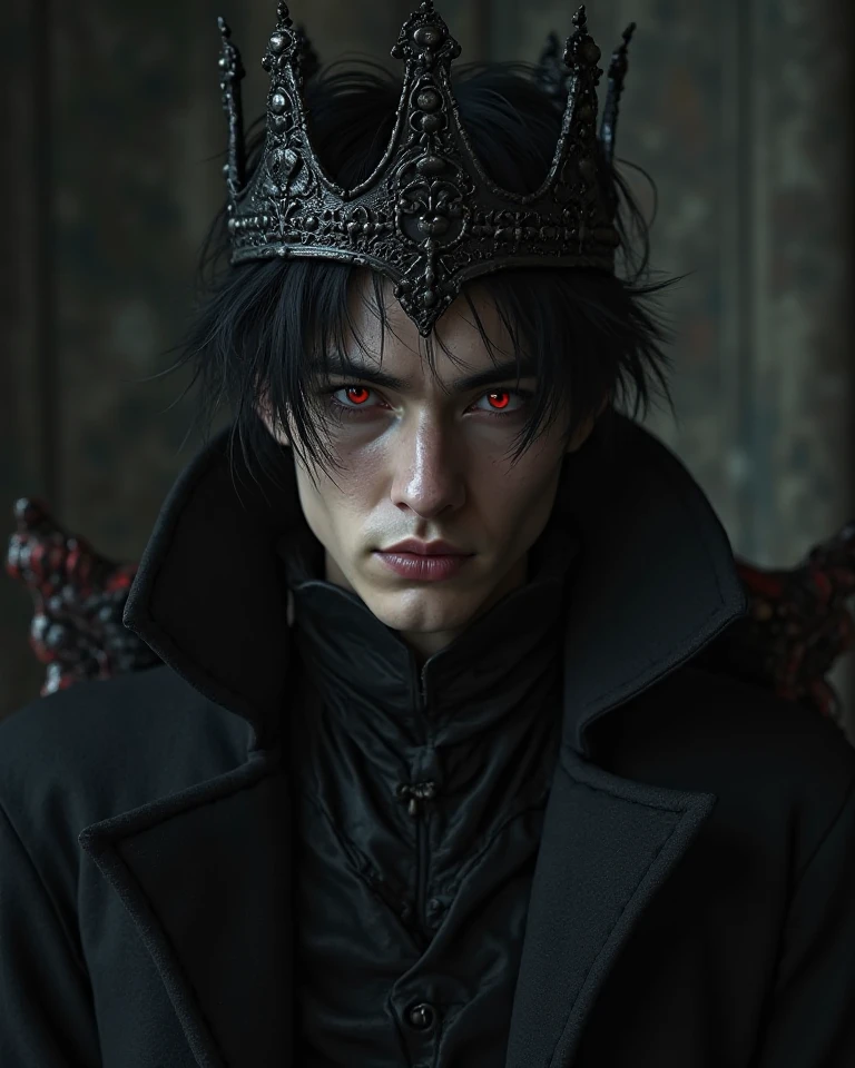 Realfilm, A man about 29 years old, get black hair, rote Augen, gloomy sinister radiance, Vampirkö, black crown
