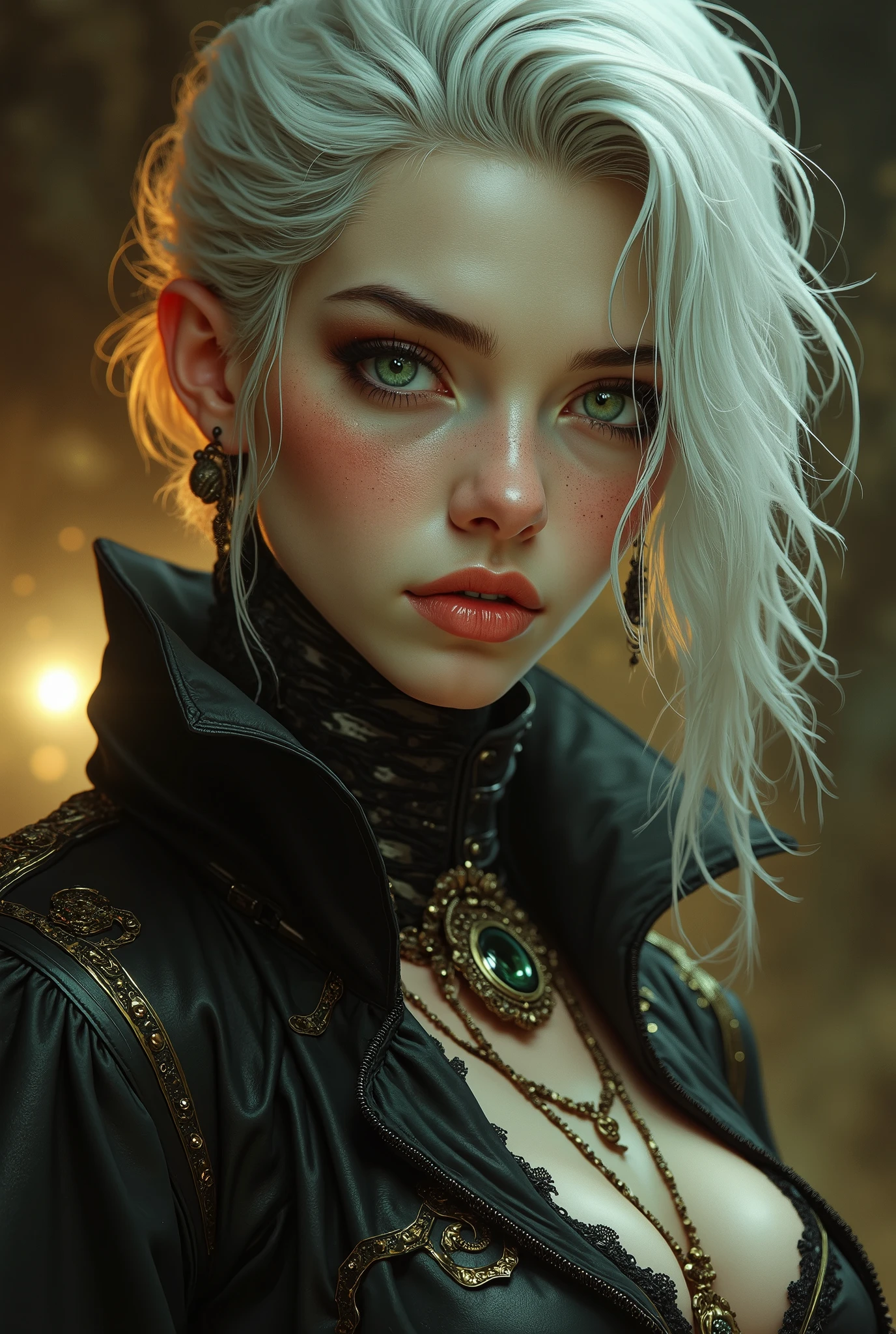Ghotic cybergirl, retrato facial , full upper body photo shot, eyes green, seriously, hair color dark white with golden orange blonde highlights, (medium shot:1.37), portrait of a woman, the same mouth and nose, beautiful dark green eyes, few strands of hair visible, small lips, (best quality,4k,8k,highres,masterpiece:1.2),ultra-detailed,(realistic,photorealistic,photo-realistic:1.37),oil painting style, warm color tones, soft lighting