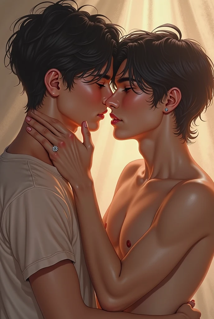 generate a young hot handsome asian boy with abs and middle part hair and kissing another boy