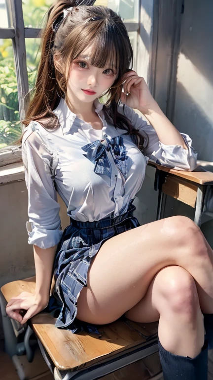 Raw photo, highest quality, masterpiece:1.2), highest quality, figure, Very detailed, Fine details, High resolution, wallpaper, Perfect dynamic composition, (Detailed high quality, Realistic depiction of eyes:1.3)、A woman who has been  and has her hands tied、Arms wrapped around his back, hands tie behind bacｋ, Put duct tape over your mouth、Inside a beautiful hotel room at night、Crouching on the floor、Outside the window is a night view、 With legs wide open、(White underwear、Panty shot)、Blue Short Sleeve Blouse、(Tartan plaid pleated skirt)、whole body、The whole thing faces forward、17 years old、High school girls、Beauty、Well-formed face、Make your eyes even、Beautiful black hair、Has bangedium build、Well-balanced proportions、Beautiful legs、Fresh face、Beautiful scenery、, Surrealism, cinematic lighting, first-person view, f/1.2, Nikon, cowboy shot, 8k, masterpiece, 8k, UHD, award winning, best quality, highres