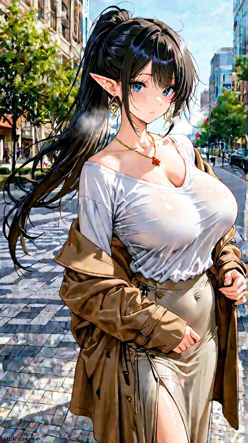 t - shirt, trench coat, , (photorrealistic:1.4), (best quality:1.0), (ultra highres:1.0), 8K, Foto RAW, (master part:0.2), ,, 1girl, skin detailed, Looking at Viewer, eyes browns, (cabelo curto com franja:1.2), (breasts big:1.0), (large areolas:0.8), , (pureerosface_v1:0.5)
