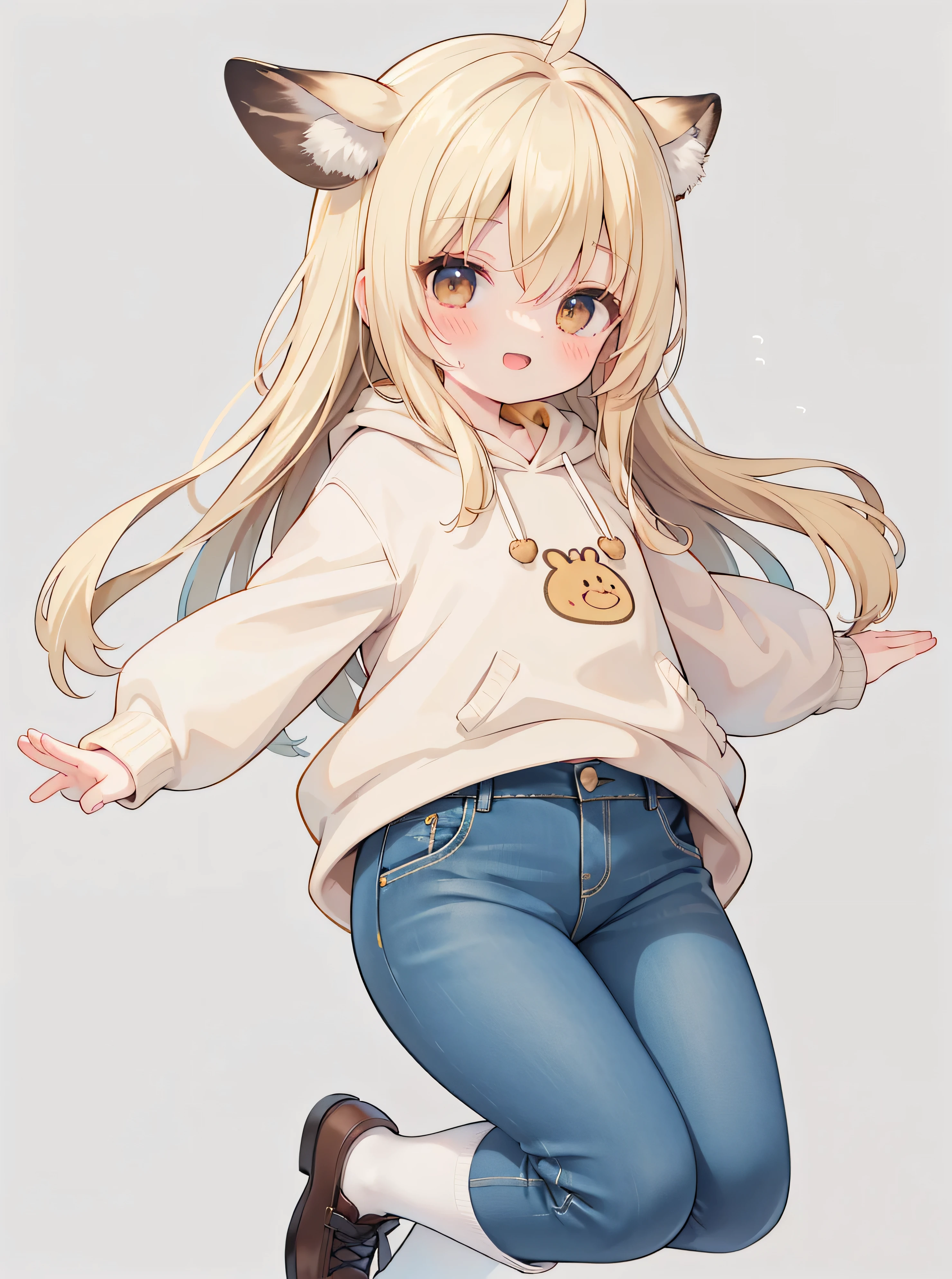 extremely detailed , uniform CG-8K background image, very nice 8kcg wallpapers ,best quality ,ultra detailed , nice face , Meisterwerk、 erstklassig, 1 girl, A girl jumps up, best quality , 1 girl in, Allein, Start-up, headwear , giraffe hood with giraffe ears and giraffe horns, ssmile, with an open mouth, very sweet smile, looks at the viewer , arms spread wide, sand-colored sweater with giraffe pattern, long blonde hair , denim Jeans, Sneaker, with longer sleeves ,, Durch Pony,, brown eyes, :D, long flying blonde hair, hair between the eyes ,Jump up , dynamic pose, Screen size