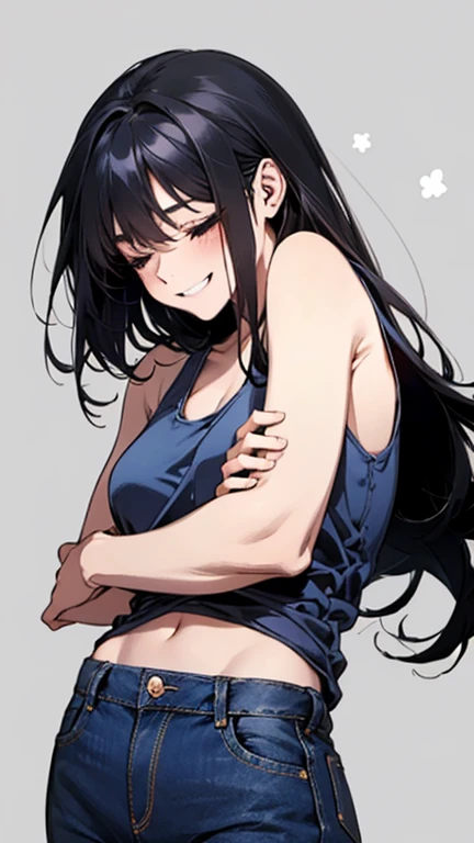 (best quality, 4k, highres, ultra-detailed), riding machine, solo, 1girl, medium breasts, long hair, cropped tank top, healthy skin, ultra-detailed eyes, glowing eyes, blush, breasts, navel, trembling, sweat, tears, steaming body,long hair, black hair