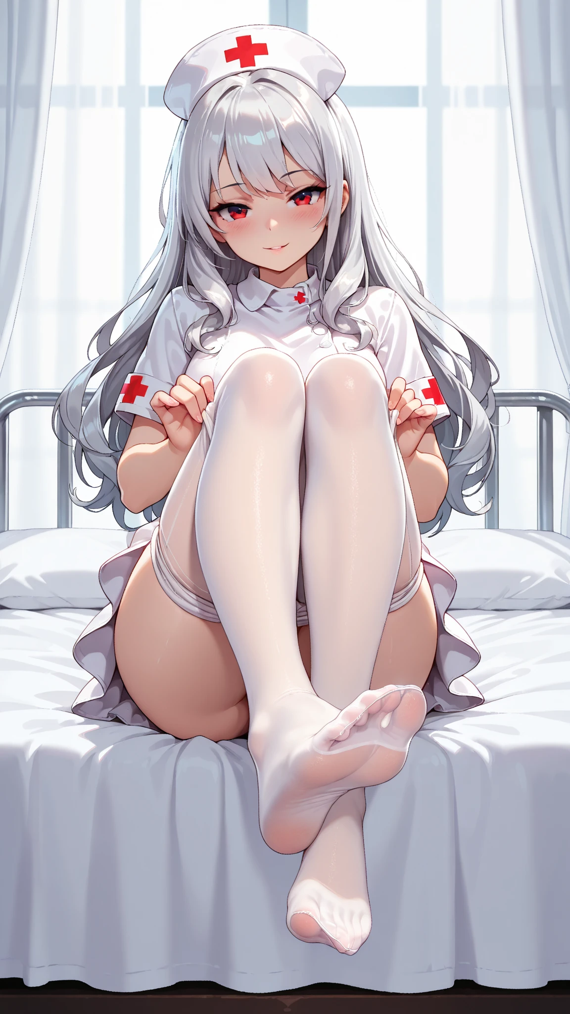 Masterpiece, Excellent, 8K, hands behind you, detailed details, detailed background, 1 young girl, white clothes, white cheongsam, glowing eyes, full body photo, sexy, half squat, side face to look at the audience, side to the camera, red embellished clothes, (white cloth bun bun: 1.4), white hair, leaky shoulders, large chest, slender legs, white suspender tights, glowing tights lace, white panties, pale pink lips, red embroidery,