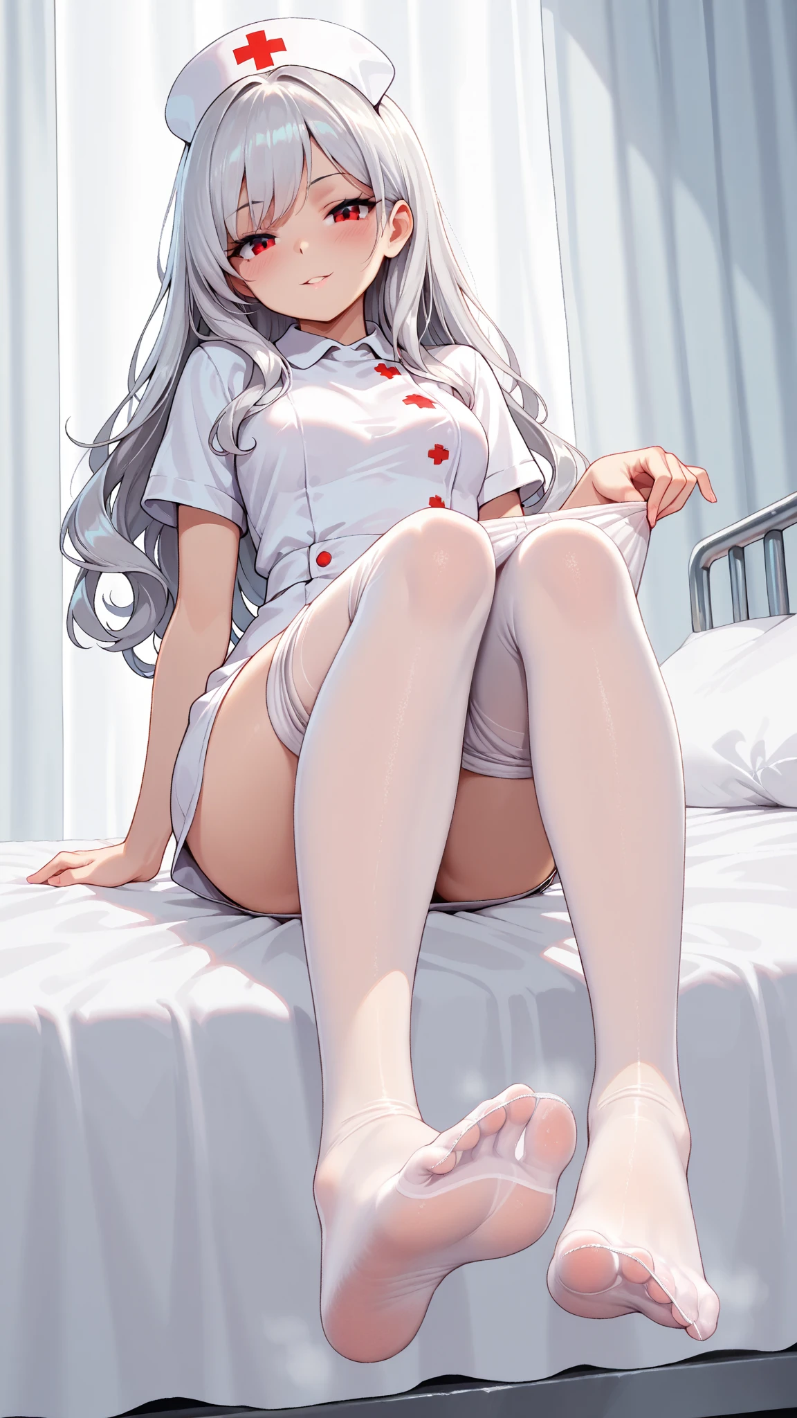 NSFW, Mutsuki, Mutsuki_Blue_Archive, long hair, white hair, playful, smug, sweaty, bright smile, flat breasts, small breasts, nurse outfit, teasing, giggle, upskirt, lifting dress, no panties, cunny, pussy, sticky