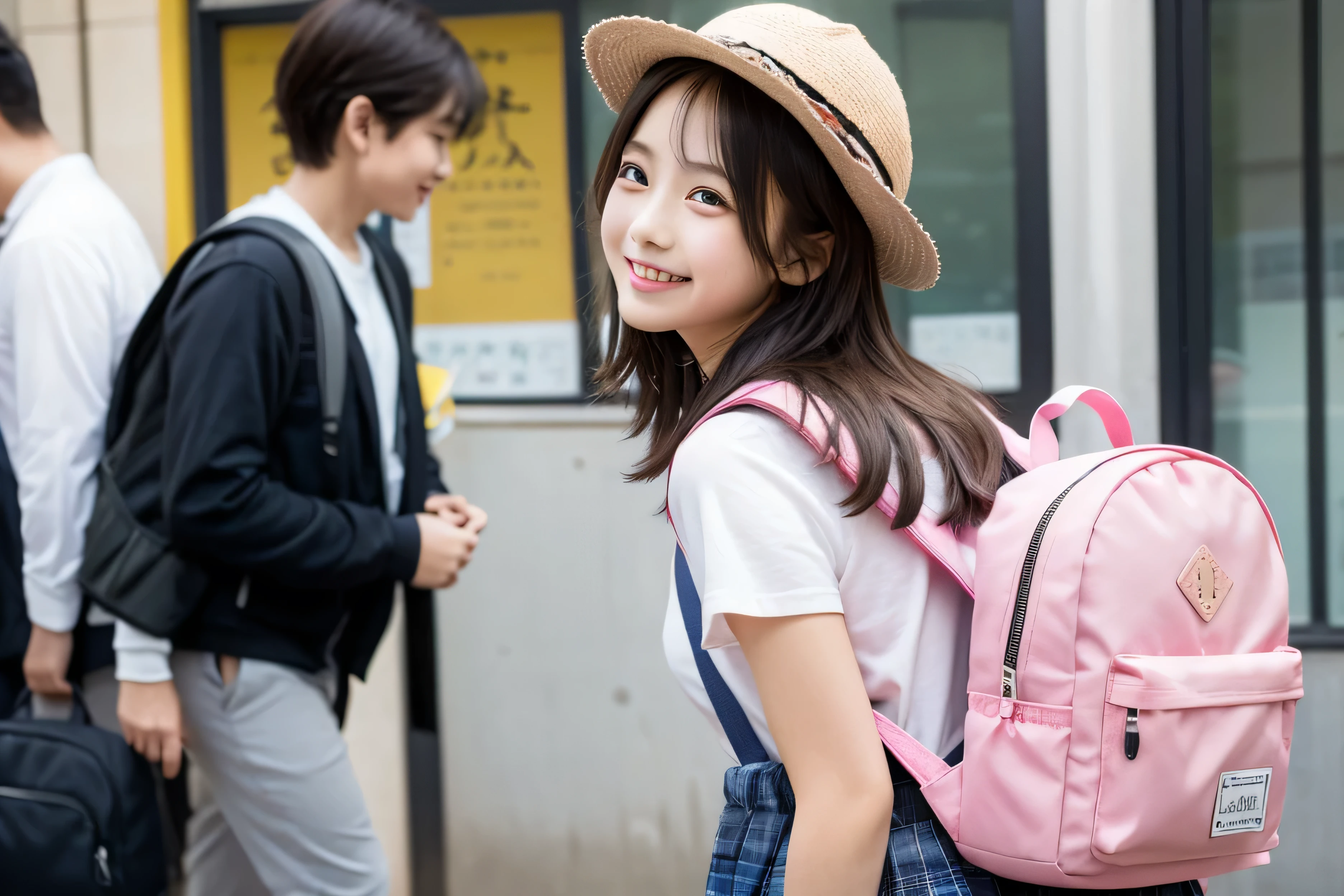 An ordinary cute elementary school student carrying a typical pink Japanese backpack、Japanese、smile、precise depiction、hat、sex sex sex、Commuting、short hair、