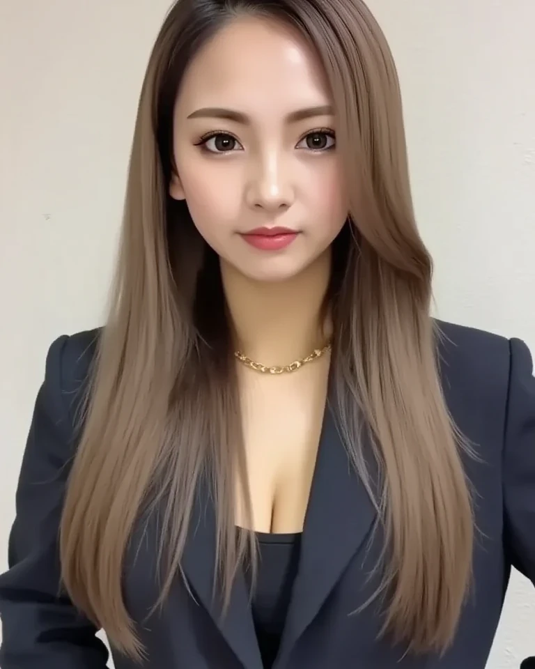 ((top-quality、masutepiece、8K、Top image quality、Hyper-Realism))large full breasts、The Biggest Smile、white big teeth、Perfect makeup、long eyelashes、View me、smile your best smile、perfect anatomia、Bright lighting, hyper realistic, photoreal, professional. fashionable, business suit, white blazer, fashional hair, smokey eyes