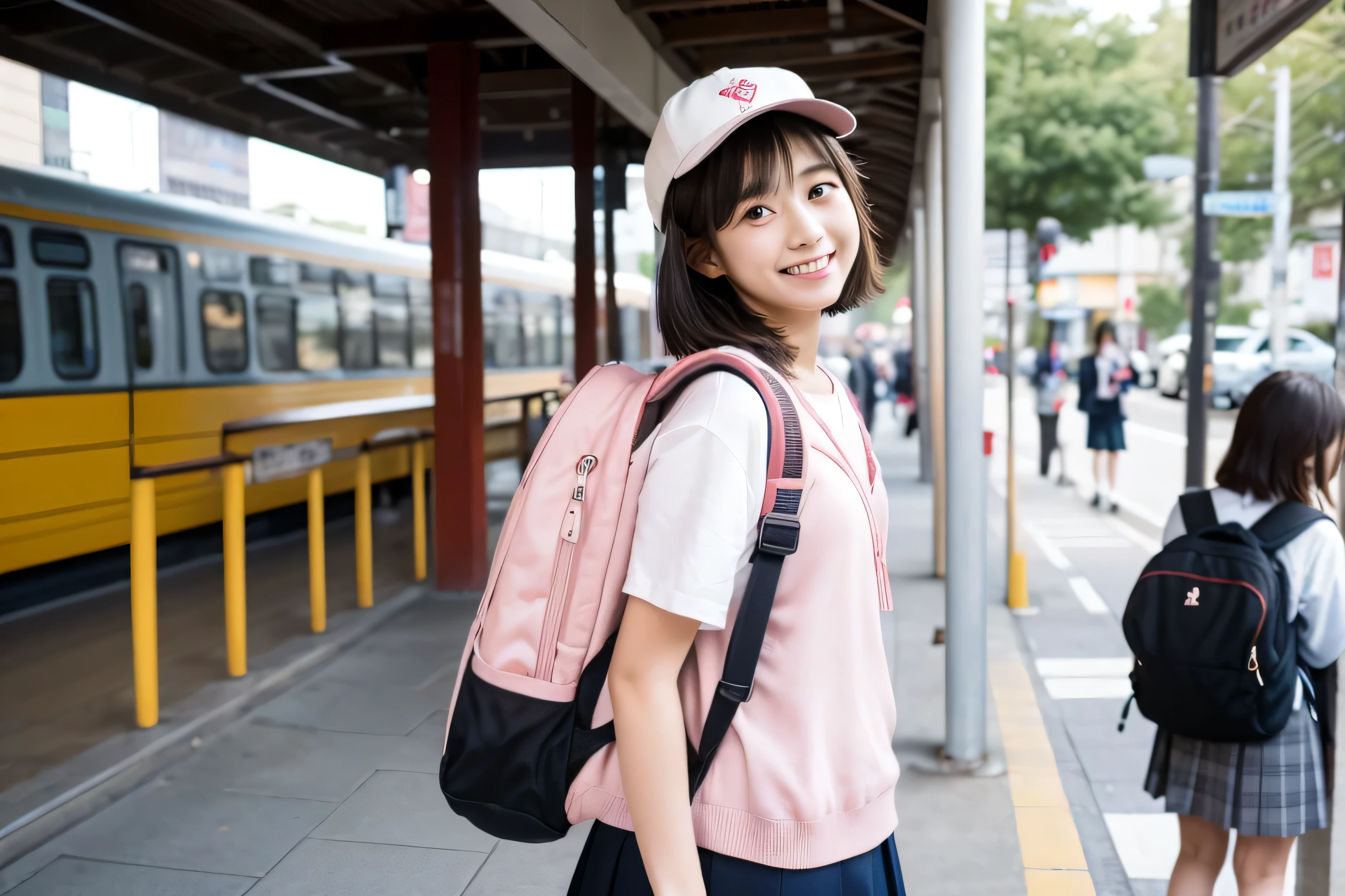 An ordinary cute elementary school student carrying a typical pink Japanese backpack、Japanese、smile、precise depiction、hat、sex sex sex、Commuting、short hair、