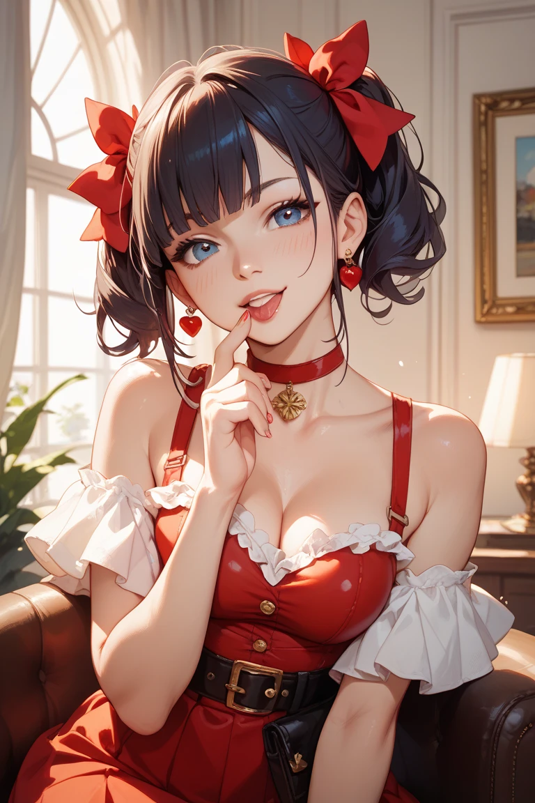 Girl, cute face, brown hair, short hair, blue eyes, huge breasts, makeup, Red Lipstick