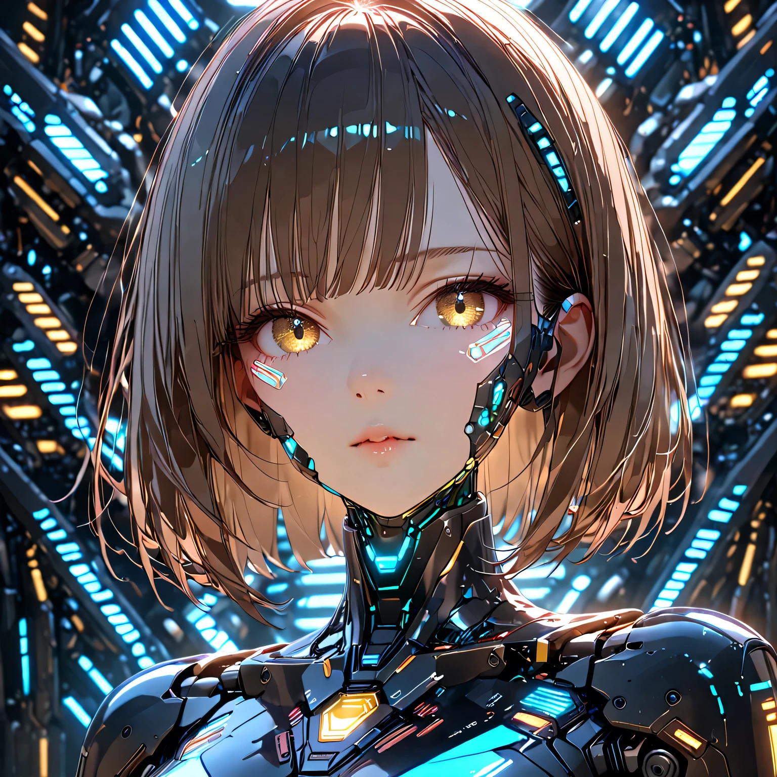 Breathtaking beauty, ultra high quality, 8k, detailed close-up of a cyborg's face, from side:1.331, sharp gaze, A stunning mix of humans and machines, Eyes that look like camera lenses, eyes are composed of multiple lenses, The eyes shine clear brown, bob cut hair, surrounded by complex metal parts and biomechanically reinforced parts, Fusion of organic tissue and advanced technology, semiconductor circuits fill the body, has a sophisticated sci-fi aesthetic, super precise, Movie Lighting, Ultra Realistic Textures, Cyberpunk style,