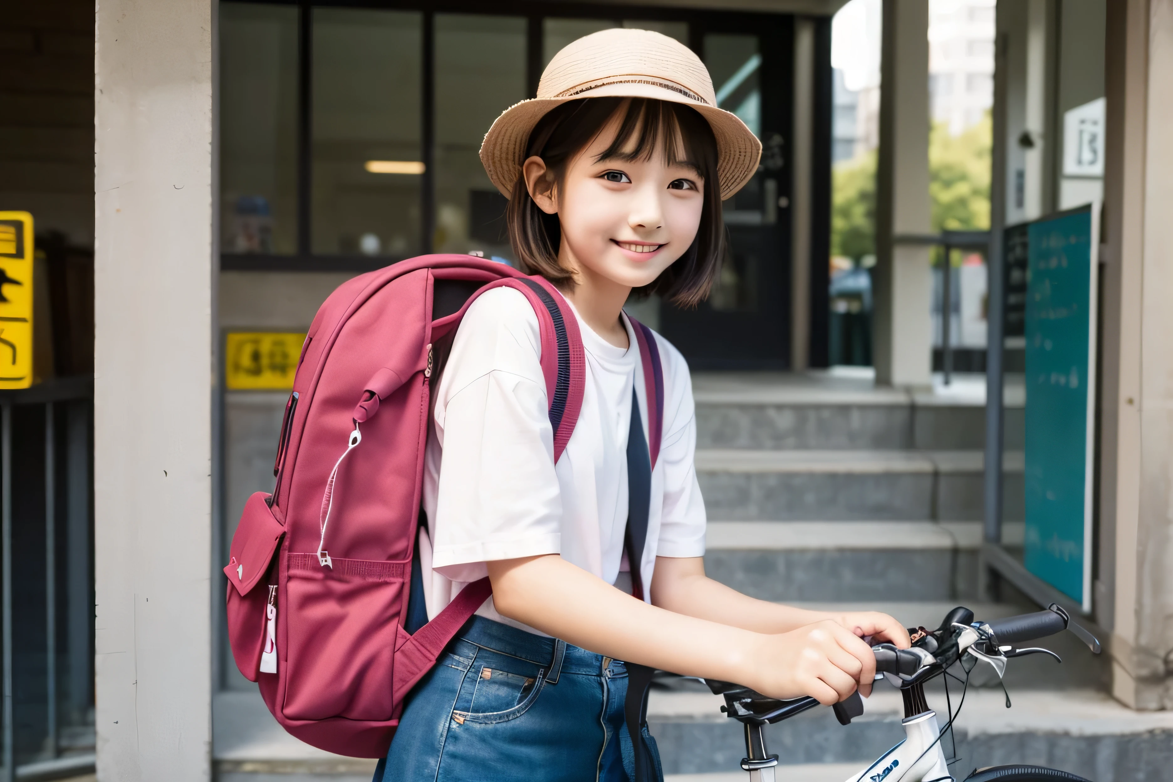 An ordinary cute elementary school student carrying a typical pink Japanese backpack、Japanese、smile、precise depiction、hat、sex sex sex、Commuting、short hair、