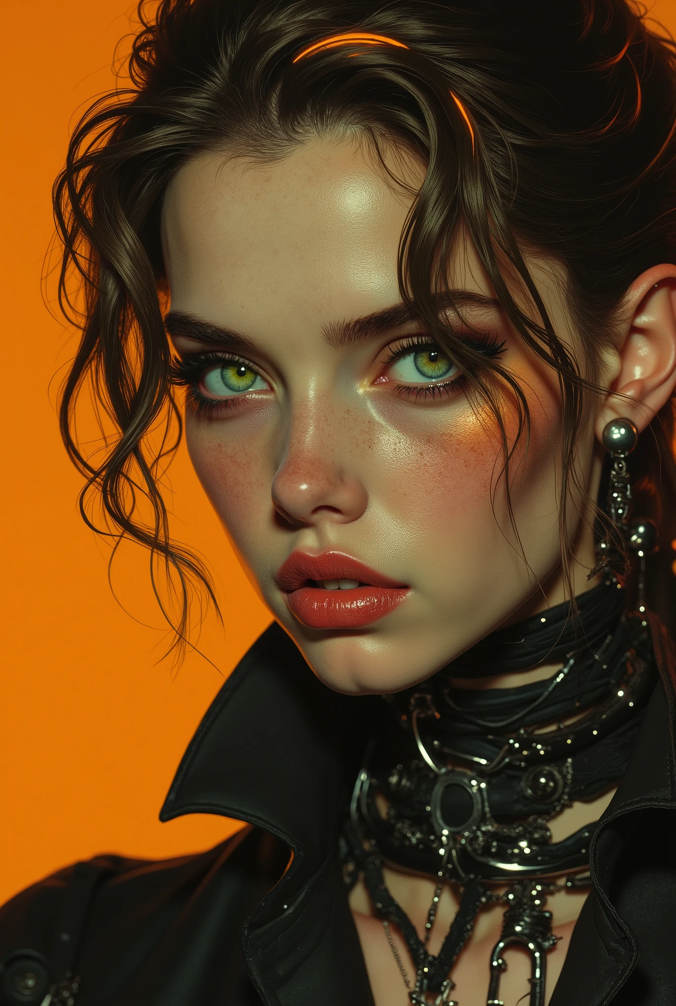 Ghotic cybergirl, retrato facial , full upper body photo shot, eyes green, seriously, hair color dark brown with golden orange blonde highlights, (medium shot:1.37), portrait of a woman, the same mouth and nose, beautiful dark green eyes, few strands of hair visible, small lips, (best quality,4k,8k,highres,masterpiece:1.2),ultra-detailed,(realistic,photorealistic,photo-realistic:1.37),oil painting style, warm color tones, soft lighting
