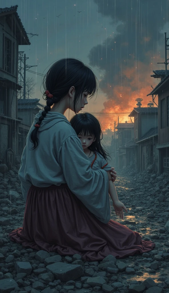 Anime girl looking out over the city at night, Jan J, artwork in the style of Gwaiz, Beautiful digital art, by Han Gan, Gwaiz, Written by Zou Zhe, Gwaiz on pixiv artstation, Beautiful artwork illustration, Gwaiz on artstation pixiv, Anime style digital art, Beautiful character drawingsBlazing flames, fire, crowd, throng, freezing, mother warming her baby.Scenery and Cityscape in the Early Meiji Era After the Meiji Restoration, Japan underwent rapid modernization and civilization. Consequently, many changes and reforms occurred. Below is a detailed explanation of the scenery, appearance of the poor, occupations, and cityscapes in the early Meiji period (1868 to the early 1880s). 2. Appearance of the Poor Life for the impoverished and lower classes remained harsh. In particular, in urban areas, people migrated from rural areas or unemployed artisans gathered, intensifying competition in the labor market. Many of them struggled with poverty, often residing in slums or around temples. 3. Occupations Meiji early Japan witnessed a diversification of occupations. Traditional agriculture and handicrafts were accompanied by the rise of modern industry and commerce. Particularly in urban areas, factory workers, shop clerks, and transporters increased, giving rise to new professions. However, many in these occupations endured harsh working conditions. 4. Influence of Civilization and Enlightenment During the Meiji era, Western cultural influences spread rapidly. Changes in clothing, dietary habits, and the proliferation of Western-style architecture advanced, especially in urban areas. Conversely, this development posed a threat to traditional culture and lifestyles, resulting in societal upheaval and adaptation challenges. 5. Social Change and Policy Influence While promoting modernization policies, the government also addressed poverty and social issues. Legislation for labor protection and charitable activities to aid the poor were implemented. Nevertheless, living conditions for the impoverished scarcely improved. The early Meiji period marked a rapid transformation in Japan, wi