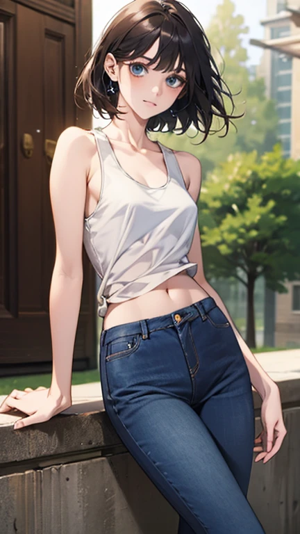 (((masterpiece, best quality, ultra highres, 1 girl, solo, no background))), super detailed skin and face and eyes and finger, beautiful japanese woman, small breasts:1.5, skinny, light brown hair, white background, very short pixie hair, Knee shot, Generate with illustrations, Various expressions, Various poses, Please draw the entire character within the frame, ensuring that the head, arms, and legs are not cut off. The background should be simple, with the character positioned centrally, outline, anime, 2d, boyish, smile showing teeth, tank top, denim shorts, gag face,