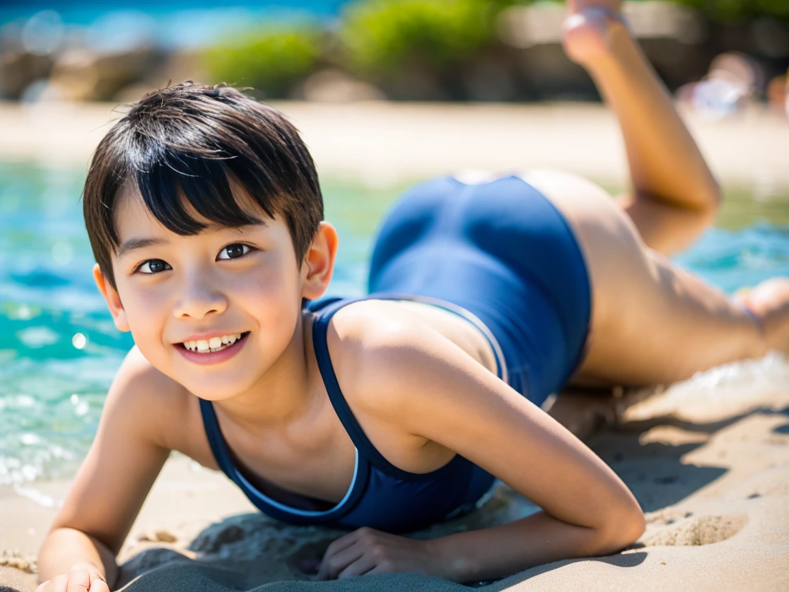 Two young Japanese boys、Beachside、Colorful and tight swimsuit、Young but well-developed muscles、Relaxed smile with mouth open、The whole body is visible、Enlarged muscles、The limbs are quite short