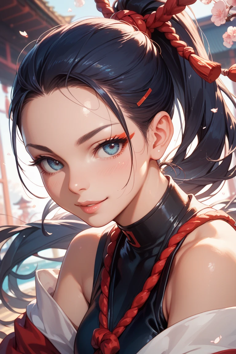 Highest quality, Ultra-high resolution, (Realistic: 1.4), Super beautiful, beautiful, Warrior, Chinese Dance、Eyes that beckon, Attractive look, Sexy smile, Perfect Style, Perfect balance, Detailed Skin Full Body Shot, ((Black Hair、ponytail:1.4)), Droopy eyes