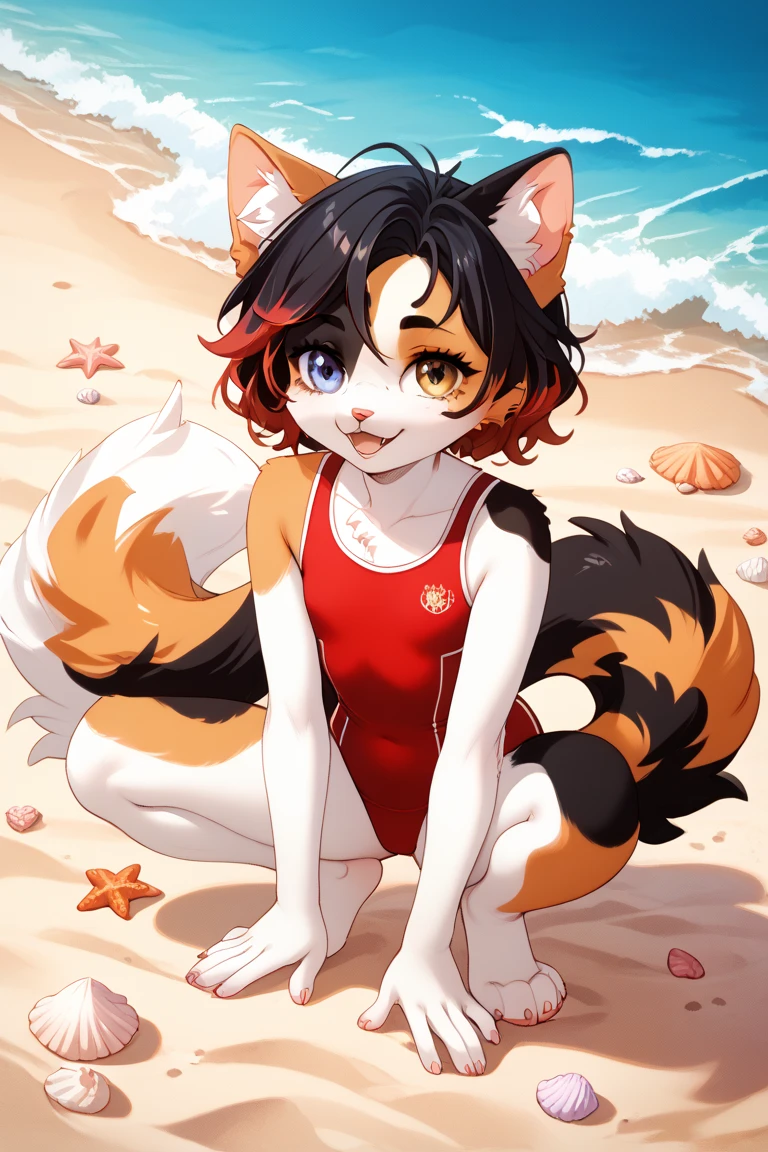 Alone, External, Red pupils,, (wet fur:1.4), detailed hair, young，one piece swimsuit,Firmware version, furry anime, Bragon, very cute face, face flushed, Playful, young, detailedbackground, Detailed fanart, pixiv, digitial painting, tmasterpiece, high high quality, A high resolution，knelt on the beach，covered with seaweed，random colors，random species，solo portrait，Foot mats，legs separated，The tail is in the right place，（（posterior view））feet visible，Watching from behind，Cat's paws