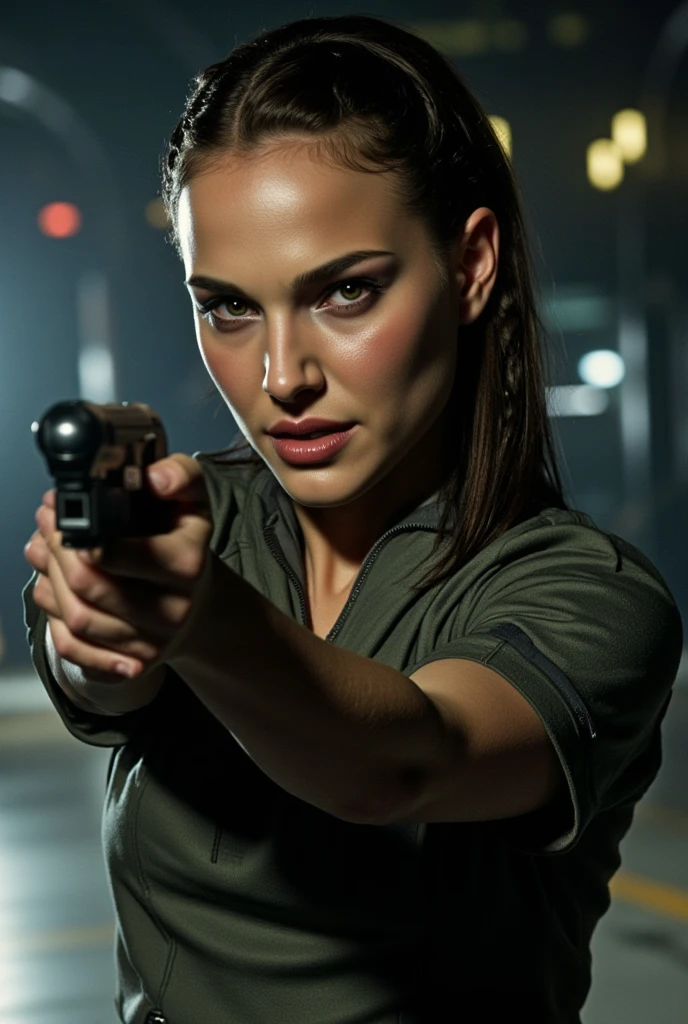 A girl with features similar to Dove Cameron, with a scar on the cheek, hair cut to the chin and in a fighting stance, wearing a black suit