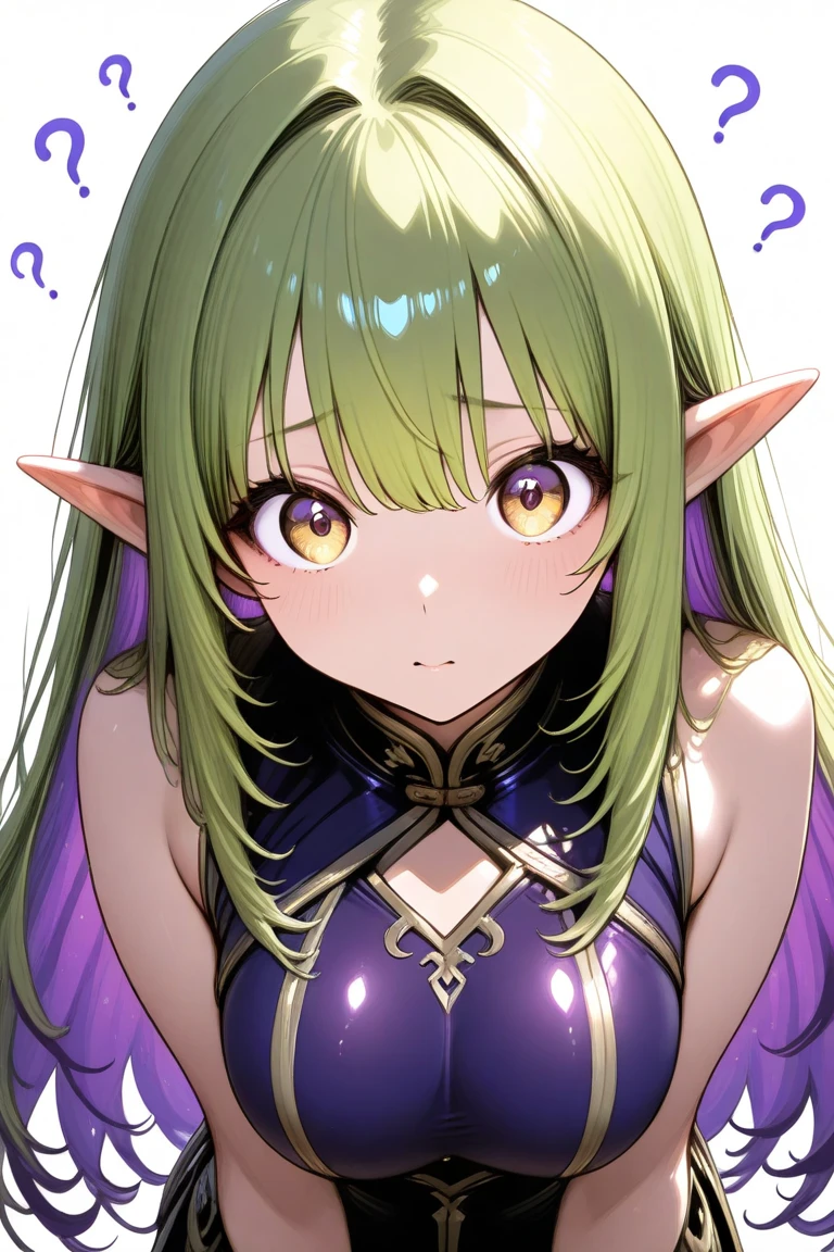 Light purple long hair Elf Big Breasts Too much exposure Receptionist Holding a quill