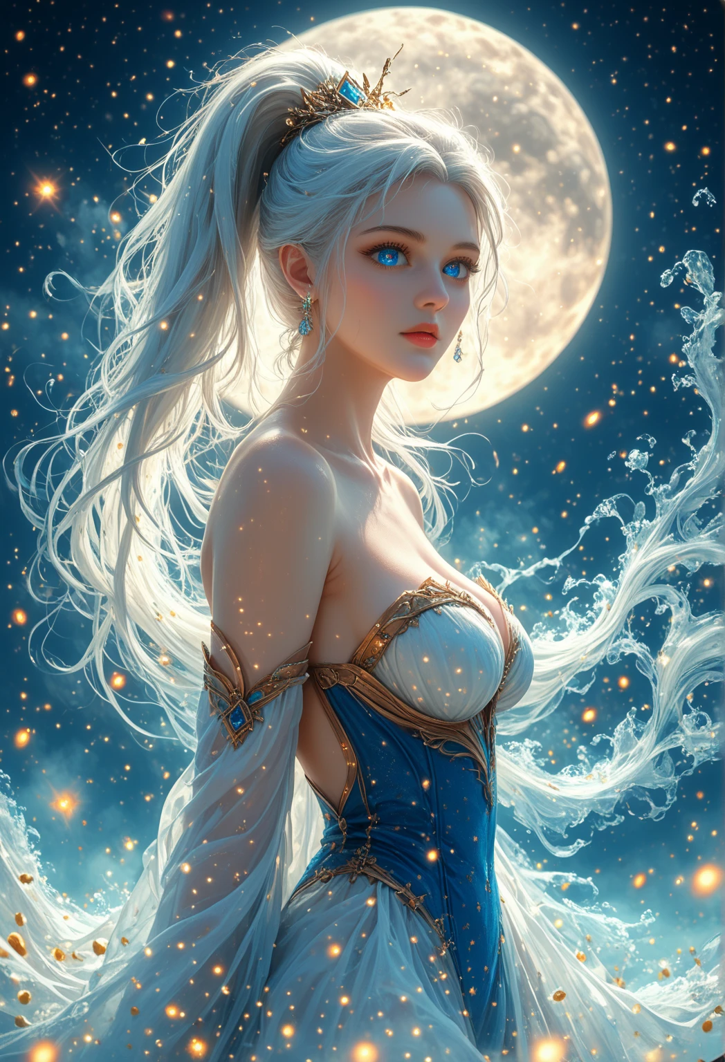 (best quality,4k,8k,high resolution,masterpiece:1.2),Super detailed,(actual,photoactual,photo-actual:1.37),high dynamic range,ultra high definition,studio lighting,Ultra-fine painting,sharp focus,physiCarlly-based rendering,extremely detailed description,professional,bright colors,Bokeh,portrait,night sky,moon,ribbon,vitality,Dark silhouette,flowing long hair,feminine,Calm expression,sky full of stars,breeze,twinkling stars,peaceful atmosphere,soft light,subtle highlights,Silky texture,wisps of clouds,mysterious atmosphere,ethereal beauty,Carlmness,dreamlike,tranquility at night,magnificent scene,Magic is in the air,Celestial Enchantment,intimate moments,quiet contemplation,elegant posture,sense of surprise,moonlit landscape,tranquility in darkness,sentimental,Romantic,moon's reflection,Carl,Circuit board AI,