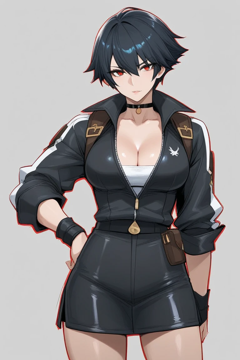 1girl, spiked hair, very short hair, yellow eyes, tan, tan skin, tan-skinned female, black hair, tomboy, pixie cut, large breasts, hourglass figure, thick thighs, smile, smirk, smug, toned, white shirt, jacket, sneakers, black jacket, shirt, short pants, shorts, fingerless gloves,