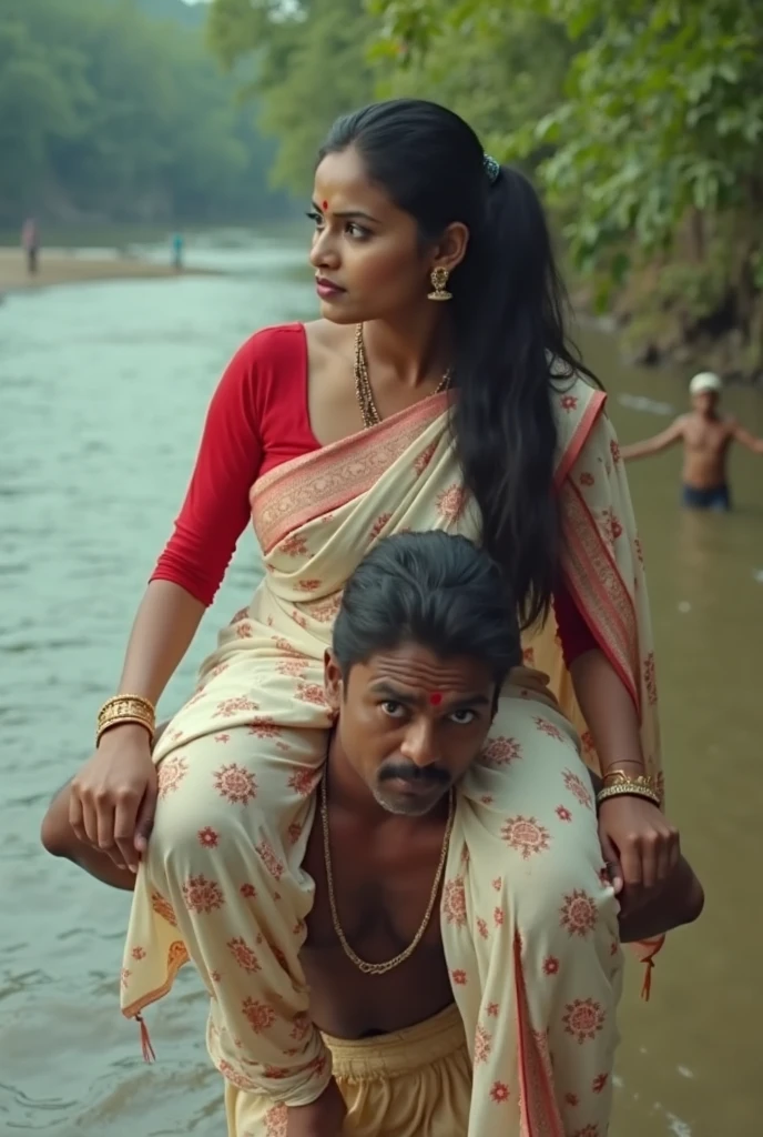 Sri Lankan women of 34 years, wearing wet pink t-shirt, climbing a tree and Old man wearing just a sarong, is under the tree looking up, so is to save the girl if she fall from the tree