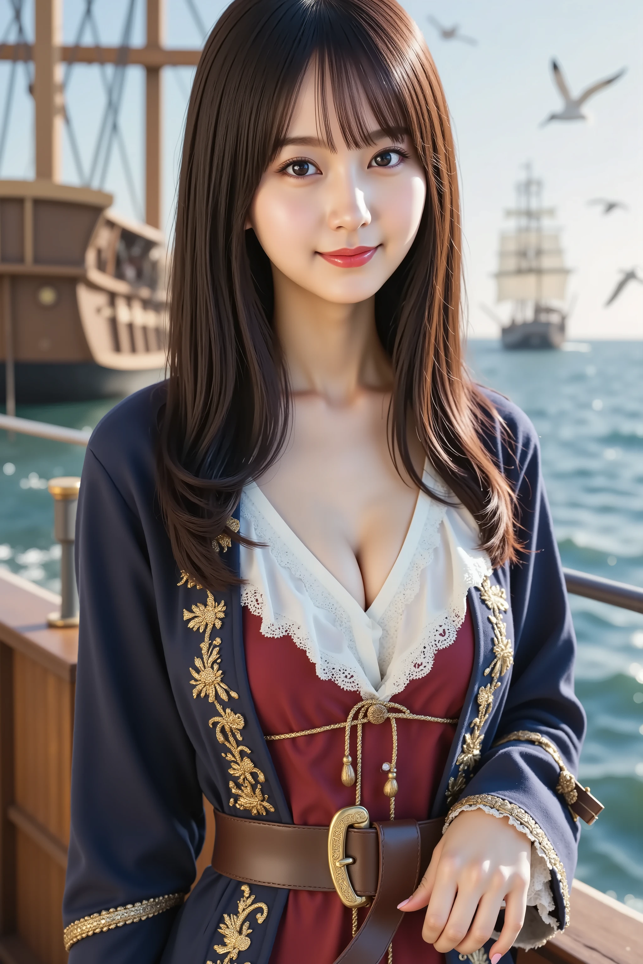 Big breast, A medium close-up shot, ultra-realistic digital illustration of a beautiful young Asian woman dressed as a fierce pirate captain aboard a grand pirate ship. Her long, flowing black hair is tousled by the salty sea breeze, with soft bangs framing her delicate yet commanding face. Her sun-kissed skin glows under the golden light, and her large, expressive dark brown eyes shimmer with confidence. Her well-groomed eyebrows arch slightly, while her full, pink lips curl into a knowing smirk.
She wears an ornate pirate captain’s outfit, featuring a white ruffled blouse tucked into a deep-red waistcoat with gold embroidery. Over her shoulders, a navy-blue pirate coat with golden trim adds to her commanding presence. A wide leather belt with a brass buckle cinches her waist, and a cutlass hangs from her hip. A tricorn hat with golden accents and an exotic feather sits atop her head.
In her right hand, she grips the hilt of her cutlass, its polished steel glinting in the sunlight. In her left, she holds a weathered treasure map, its edges fluttering in the wind.
The background showcases a grand pirate ship, with towering masts and billowing sails. The vast ocean stretches beyond, waves crashing against the hull. A distant silhouette of another ship hints at an upcoming battle or treasure hunt. Sunlight dances on the water, while seagulls circle overhead.
Rendered in ultra-detailed 8K resolution, the image captures every fine detail, from the embroidery on her coat to the glistening sea spray, creating an immersive pirate adventure.