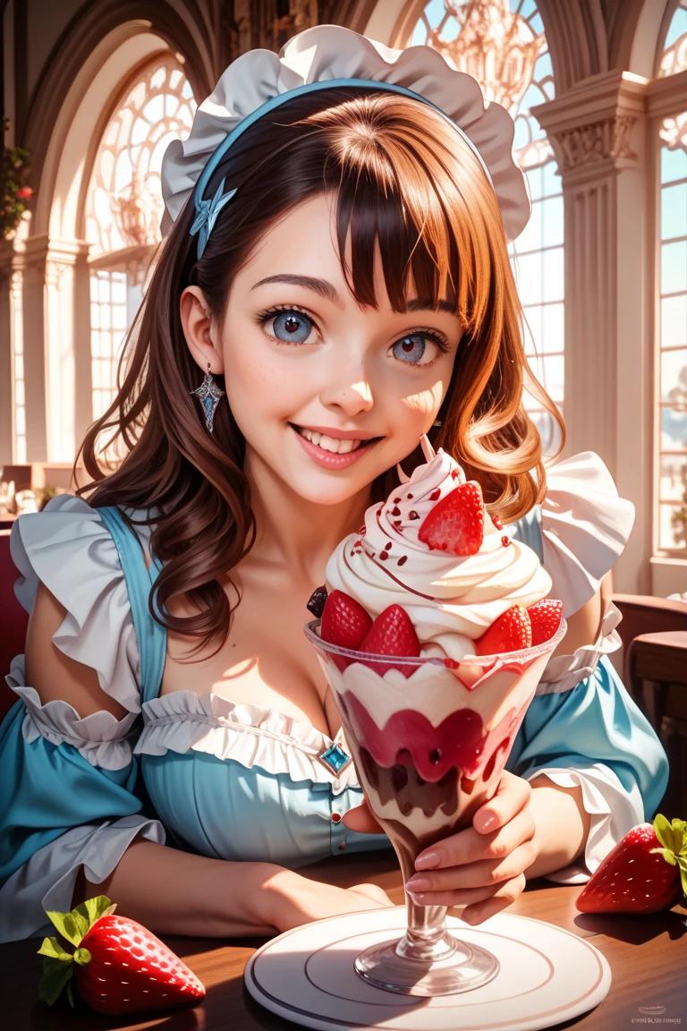 Best picture quality, young girl of 3 years old, delicious looking parfait of strawberries and chocolate in a tall glass on the table, laughing and eating parfait, best smile, very pretty girl, amazingly very large shining eyes, long eyelashes, chestnut hair, neat , friendly and bright smile, hydrangea blooming outside the window,