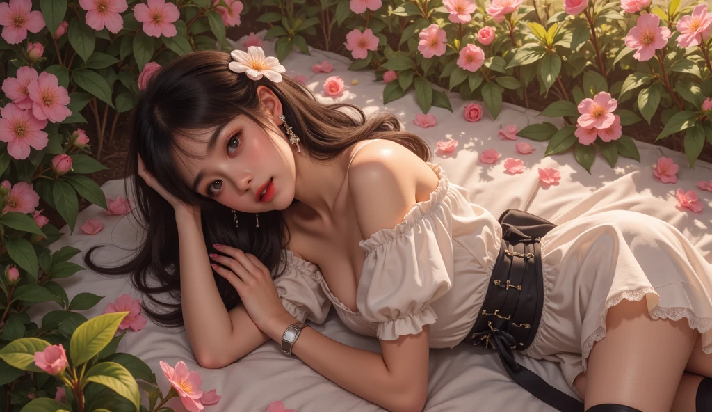 （Girl lying on bed)、Beauty、 One Girl、alone、Long Hair、Viewer、smile、blue eyes、hair ornaments、、gem、Gray Hair、Shut your mouth、Blunt bangs、Manicure、bracelet、lips、Grey Eyes、Portraiture、Red nails、close、Red lips、Put your hands on your face、Place your hand on your cheek、()、(Shiny skin)、((Skyscrapers are hazy outside the window))、(Off-shoulder white dress with floral pattern),),((Girl with her legs slightly apart)),(Leg spread),((White panties are visible)),（Lift-up skirt)、