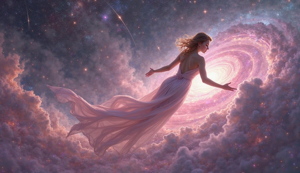 A scene in which a figure emerges from an unimaginably spectacular cloud of starlight、Fractal nebula line、cosmic entity、a heavenly being、kosmos、vibrant and vivid、Starlight Vortex、Revolutions、Not real、hight contrast、symbiosis、magia、mistic、mistic、Surreal、Supersaturation、Colorful Gods