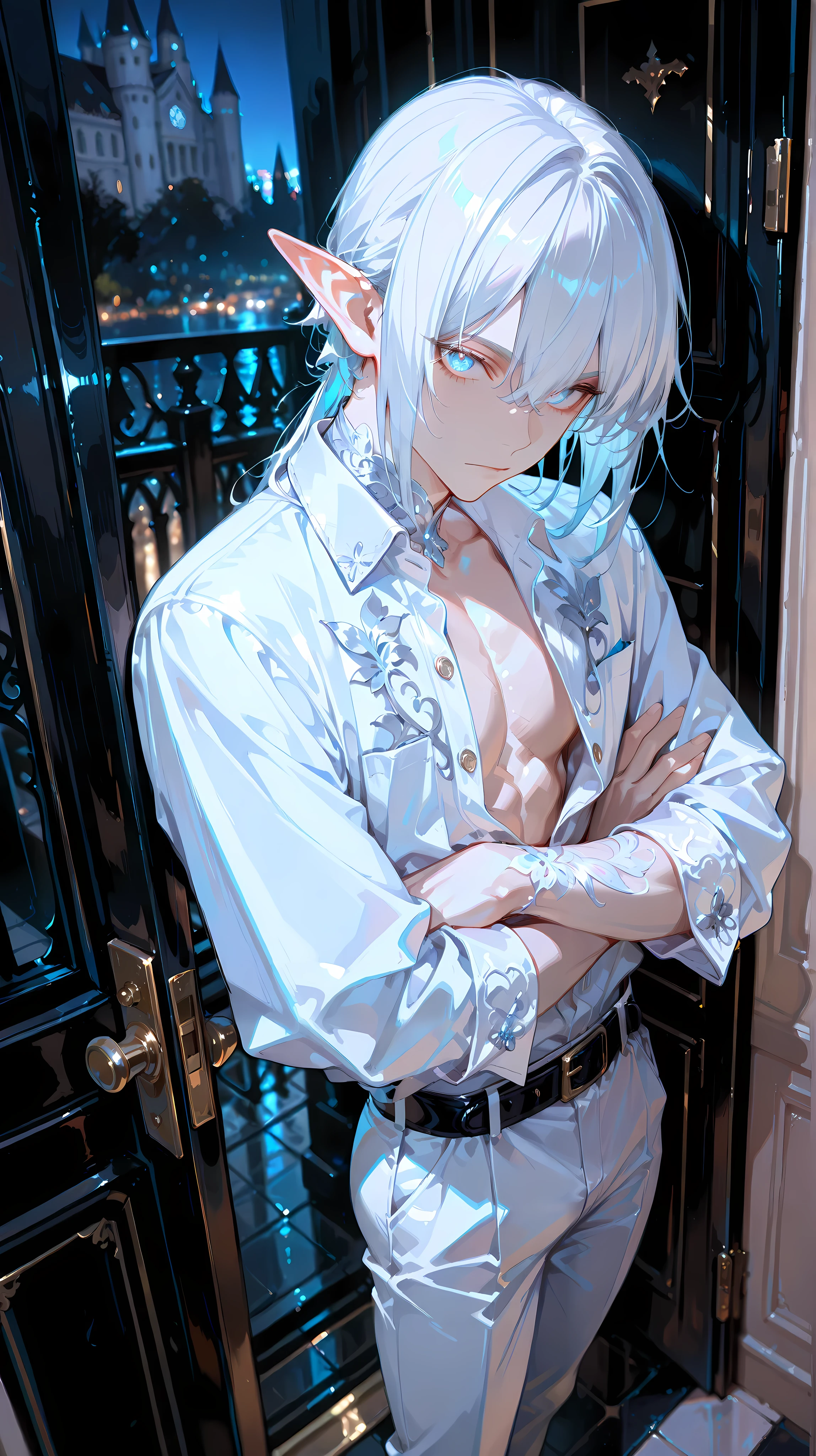 masterpiece,best quality,amazing quality, detailed eyes, very aesthetic, depth of field, detailed background, 1boy, ,solo, male has ivory skin, male has long face, male has medium lenght hair, male's inner hair is blue , male has squinted eyes, male has light blue eyes, white hair, male is muscular, male has short elf ears, male wearing white shirt is unbuttoned, white fancy formal pants, male wearing white shoes, male's pants belt is blue, male's eye pupils are sharp, white luxury castle, luxury hall, dark, night, male looking at viewer, perfect eyes, perfect face, from front far angle, male standing, male laying on door, crossed arms