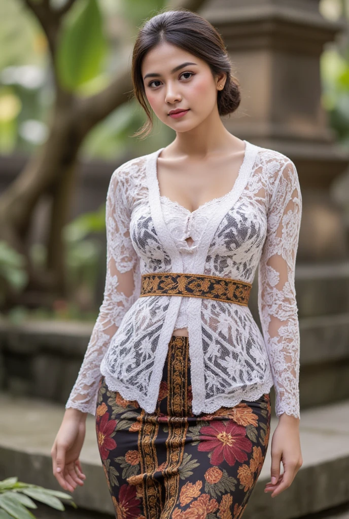 An attractive woman in traditional kebaya, her skin glistening with beads of sweat magnificently standing out against her porcelain white complexion, meticulously dipped in milk, wearing a pristine white kebaya blouse, she boldly faces the camera, dominating gaze, digital render, high contrast, bright white color scheme, milky textures, high-end fashion photographic style, elegant, tempting, ultra fine details, glossy she